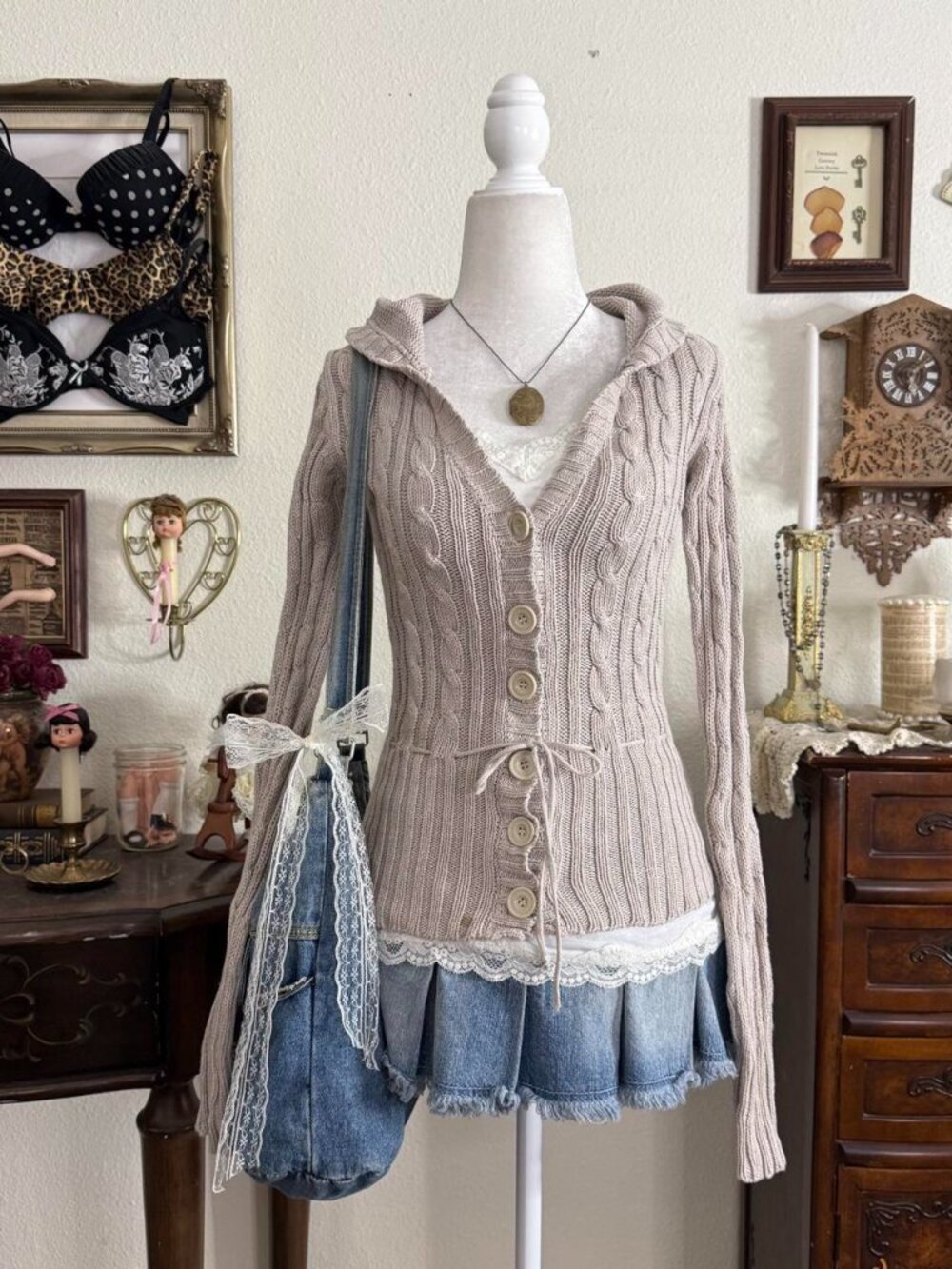 Dainty girly grunge cozy fairy beige cable knit button up hooded cardigan